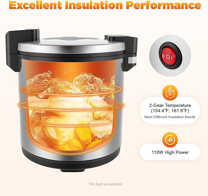 100 Cup Electric Rice Warmer with 2 Temp Settings (154°F-161°F) - Commercial Food Warmer for Rice Soup &amp Dishes | Stainless Steel + Aluminum Alloy Free Standing (Stainless Steel)