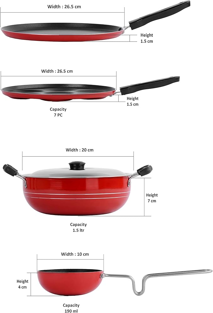 Sumeet 2.6mm Thick Non-Stick Ronga Cookware set (Dosa Tawa – 26.5cm Dia + Multi snack maker – 26.5cm Dia + Kadhai With Lid – 1.5Ltr capacity- 20cm Dia + Tadka Pan – 10cm Dia)