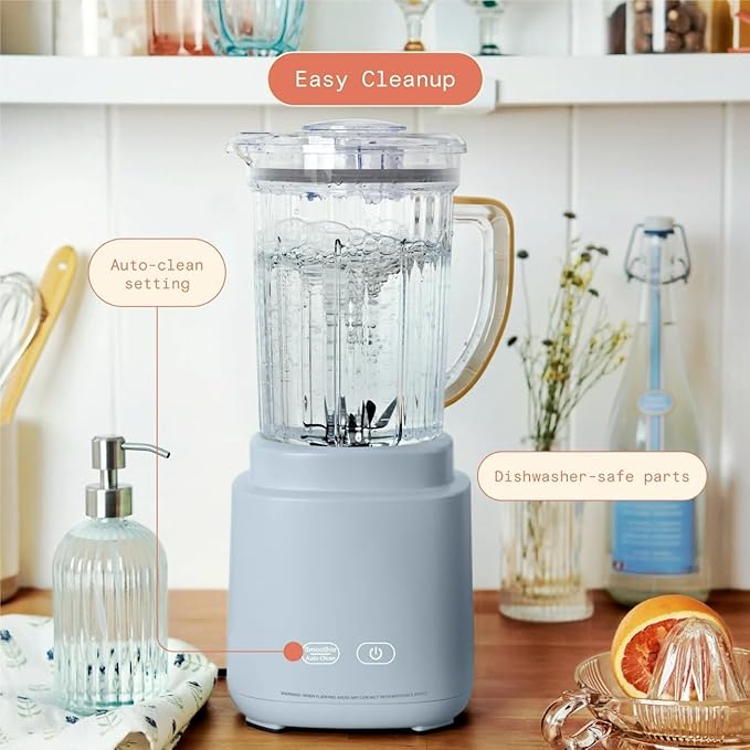 PowerExact Blender PrecisionSense Tech 3 Speeds 4 Presets 50oz BPA-Free Jar 20oz To-Go Cup No Drippy Sippy Lid Auto-Clean Dishwasher Safe Ice Crush &amp Smoothies (Cornflower Blue)