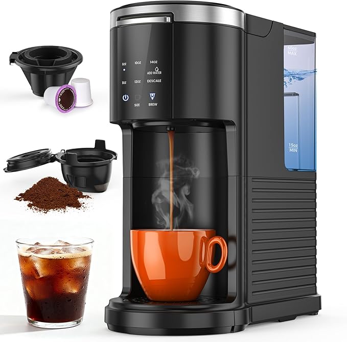 Kndko Single Serve Coffee Maker for Capsule and Ground Coffee 6 to 14oz Brew Sizes 40oz Removable Reservoir Fast Brew Compact Design Travel Mug Friendly Black