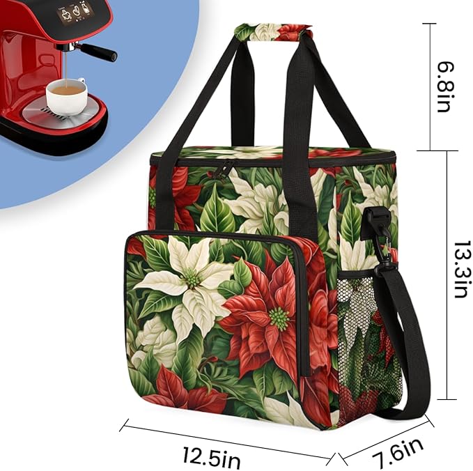 Christmas Flowers Coffee Maker Carrying Bag Holly Berry Travel Storage Bag Compatible with K-Mini or K-Mini Plus Single Serve Coffee Brewer Carrying Case with Multiple Pockets &amp Shoulder Strap