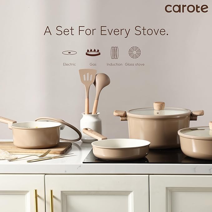 CAROTE 12Pcs Ceramic Pots and Pans Set Non Stick Healthy Cookware Set PFAS/PFOA Free Kitchen Cooking Set with Frying Pans Taupe