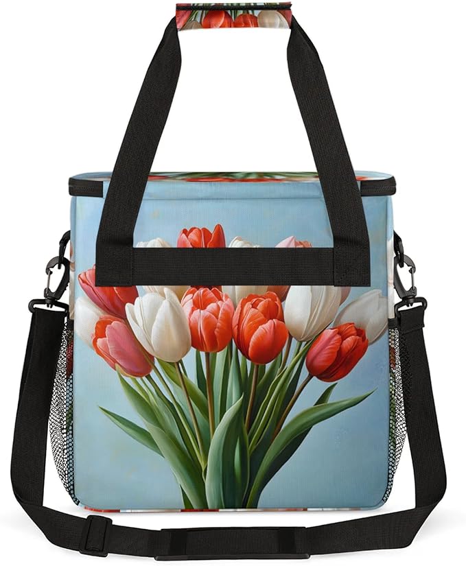 Floral Tulip Bouquet Coffee Maker Travel Bag for Keurig K-Mini/K-Mini Plus Insulated Waterproof Tote with Pockets for K-Cup Portable Single-Serve Brewer Case