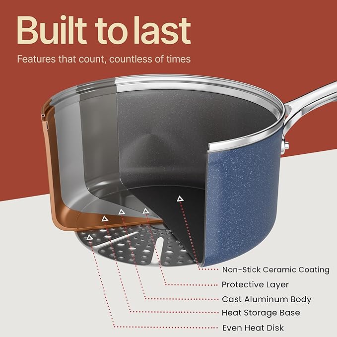 Bakken 12-Piece Aluminum Cookware Set with Ceramic Nonstick Coating PTFE &amp PFAS Free All Stovetop Safe Up To 500°F Pots and Pans Set with Lids Silicone Utensils Included Dishwasher Safe Blue