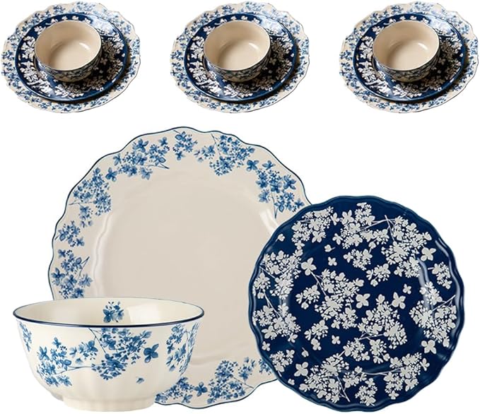 Ceramic Dinnerware Sets for 4 12 Pieces Dishes Set for Kitchen Porcelain Floral Plates and Bowls Set Microwave and Dishwasher Safe Scratch Resistant Underglaze painting (Floral Blue)