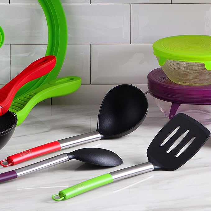 Set 3pc Frying Pan (16+20+24cm) Pressed Aluminium Induction Navy Blue Paradise with Set 3pc Kitchen Utensils Nylon with Set 4pc Stainless Steel Knives