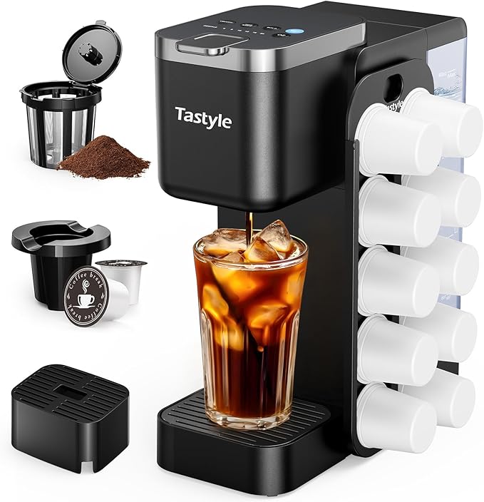Hot &amp Iced Coffee Maker with Magnetic K-Pod Organizer (Pods Not Included) Stores 10 Pods 4-5 Cups Coffee Maker &amp Single-serve Brewer for K Cup &amp Grounds 40oz Removable Water Tank Black