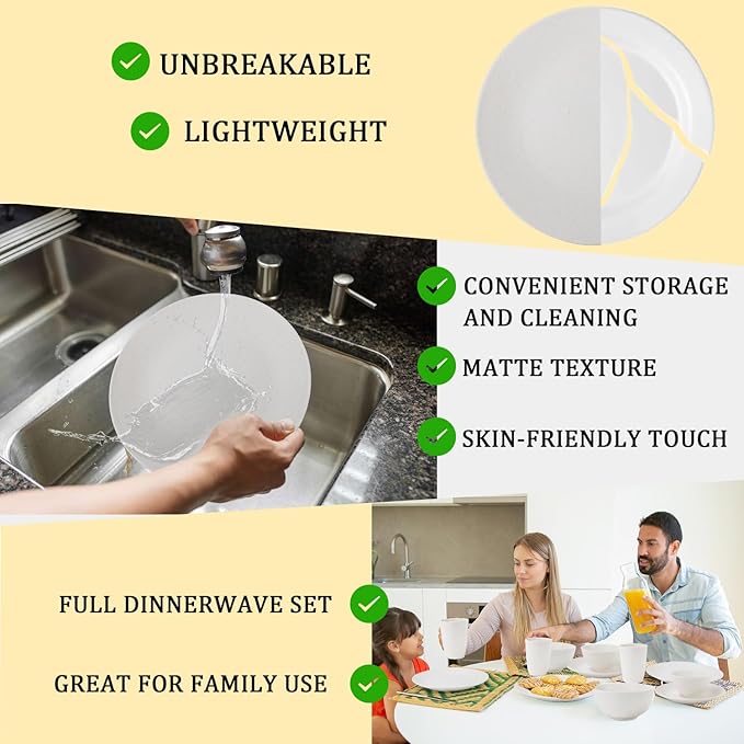 40 PCS Premium Wheat Straw Dinnerware Sets for 8 Unbreakable and Lightweight Dinner PlatesMicrowave Safe Plates and Bowls Sets for KitchenPicnic and PartyCereal &amp Salad BowlsWater Glasses(Bei