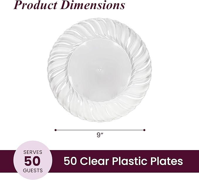 Aya's Cutlery Kingdom 50 Pack Clear Plastic Plates 9 Inch - Heavy Duty Round Disposable Plates for Parties Weddings and Events - Elegant Party Plate for Serving Appetizers Salads and Desserts