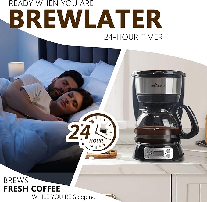 5-Cup Programmable Drip Coffee Maker with Digital Timer Glass Carafe24-Hour Auto Brew2-Hour Auto Shut-Off Pause &amp Pour Removable Filter BasketCompact Coffee Machine for Home &amp Office