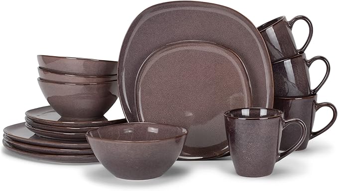 Elanze Designs 16-Piece Modern Luxury Chic Smooth Vintage Handmade Shape High Gloss Ceramic Stoneware Square Plate Mug &amp Bowl Kitchen Dinnerware 16 Piece Set - Service for 4 Plum Purple