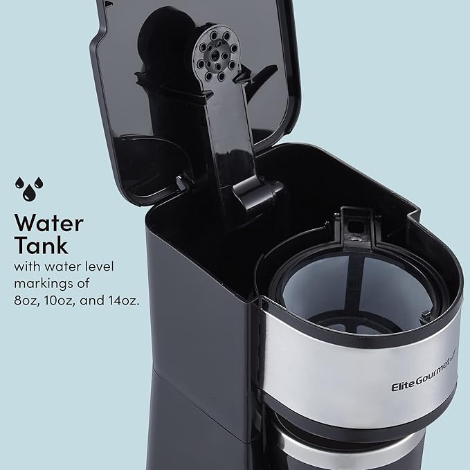 Elite Gourmet EHC112 Personal Single-Serve Compact Coffee Maker Brewer Includes 14Oz. Thermal Travel Mug with Stainless Steel Interior Compatible with Coffee Grounds Reusable Filter Black