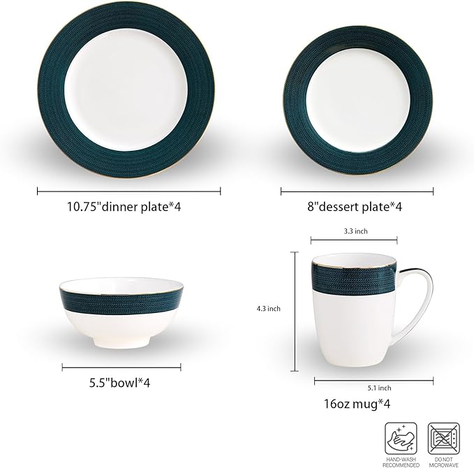 16-Piece Fine Bone China Dinnerware Set Dinner PlatesBowls and Mugs Set Dishware Set for 4 With Selected Christmas Premium Red and Green pattern White Embossed Spot Ornament and Gold Rim