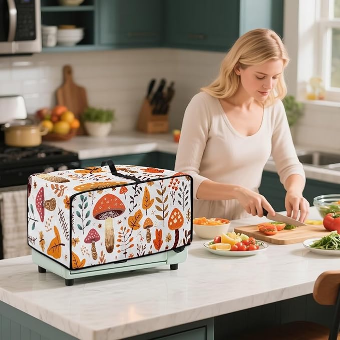 Mushroom Leaf Toaster Oven Cover Heavy Duty Heat-resistant Protective Case Faux Linen Polyester Protector with Handle &amp Pockets for Everyday Home Kitchens