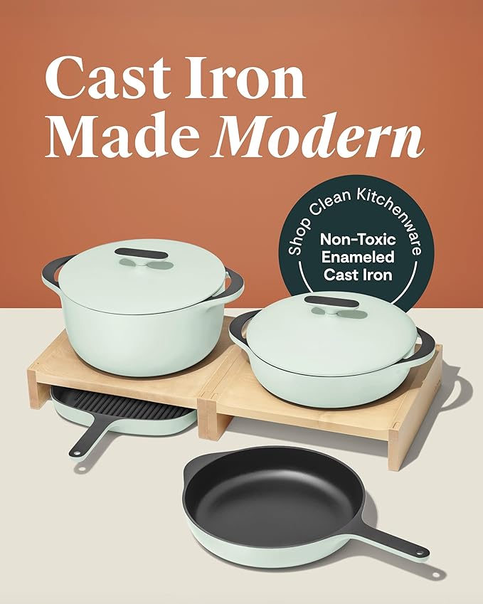 Caraway 8-Piece Enameled Cast Iron Set - 10.5” Skillet Grill Pan 3.5 qt Braiser Pan 6.5 qt Dutch Oven with Lid and Organizers - Non-Toxic 3-Layer Enamel Coating - No Seasoning Required - Light Mist