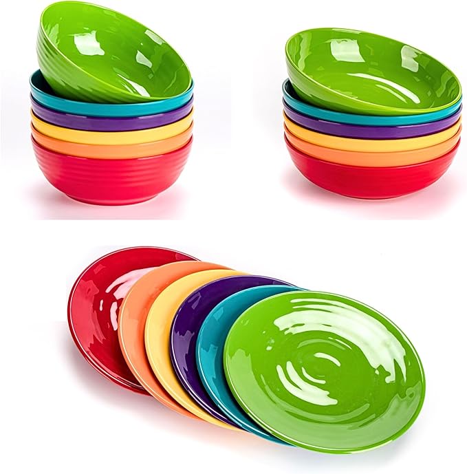 Multicolor Melamine Dinnerware Bundle - Divided Sets: 6 x 11-inch Plates 6 x 7-inch Bowls 6 x 8-inch Bowls