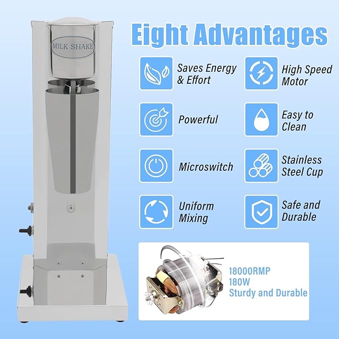 TsoLay Single Head Milkshake Maker 180W Electric Single-Head Milk Shake Machine with 650ml Cup 18000RMP Speed Adjustable Stainless Steel for Protein Shakes and Mixing Drink