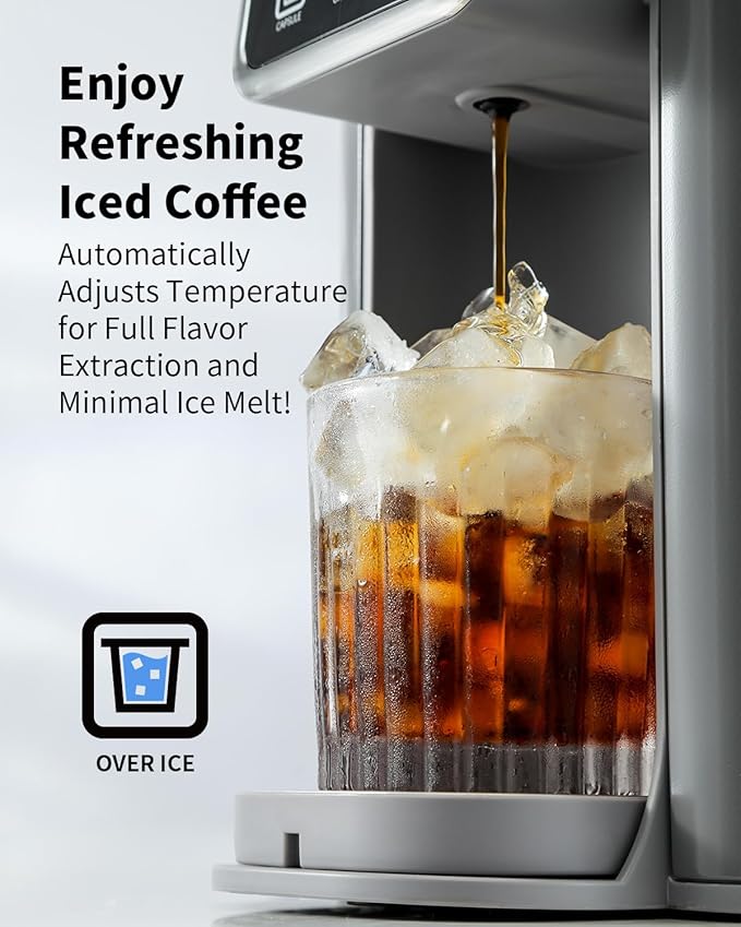 Hot &amp Iced Coffee Maker with Bold Setting Single Serve Coffee Maker for K Cup and Grounds 6-14 Oz Brew Sizes 50 Oz Removable Water Tank One Cup Coffee Machine with Reusable Filter Grey