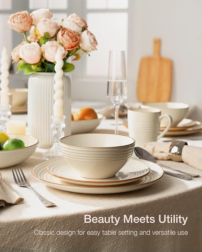 Famiware Jupiter Stoneware Dinnerware Sets Handcrafted Plates and Bowls with Embossed Swirl &amp Speckles Vanilla White - Chip &amp Scratch Resistant Dishwasher &amp Microwave Safe Dishes for 4