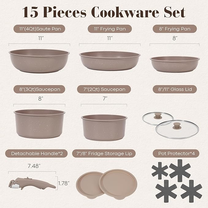 15Pcs Pots and Pans Set Non Stick Cookware Sets with Detachable Handle Nonstick RV Kitchen Cooking Tools Removable Handles Oven Safe Induction Fast Stackable Induction Cookware Brown