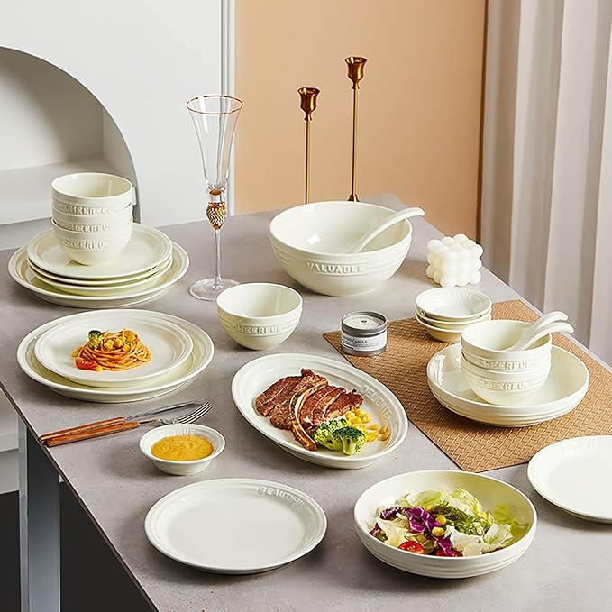 Embossed Art Dish Set 38 Pieces Serving Plates and Bowls Sets High Temperature Resistance Dinnerware Set for 6 Non-Slip Bottom Dining Table Set Smooth Surface Safe and Easy to Clean