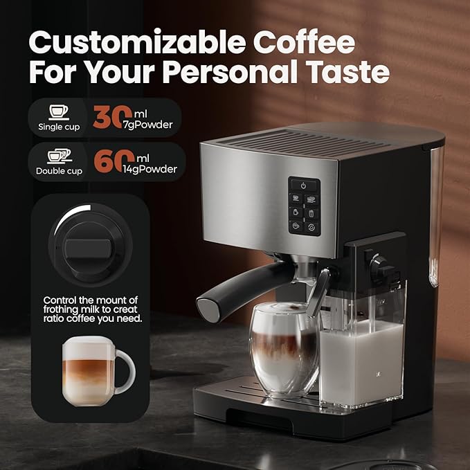 Espresso Machine 20 Bar - Espresso &amp Coffee Maker with Automatic Milk Frother Cappuccino Machine Latte Maker for Home office 1250W