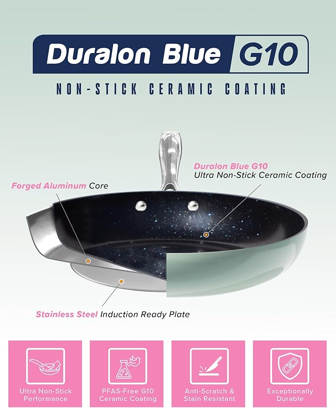 Nuwave Lux 13-Piece Premium Cookware Collection Healthy G10 Duralon Blue Ceramic Nonstick Ultra Durable PFAS-Free Lightweight &amp Works on All Cooktops