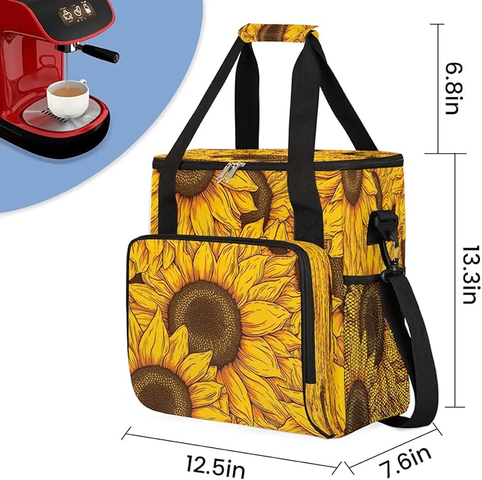 Floral Sunflowers Coffee Maker Carrying Bag Compatible with K-Mini or K-Mini Plus Portable Single Cup Coffee Maker Case with Pockets for K Cup Pods