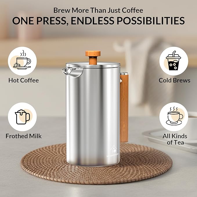 French Press Coffee Maker 304 Stainless Steel 34 Oz Large Double-Walled Insulated French Press Wood Handle 3 Level Filtration System For Kitchen Camping &amp Gifting in Premium Box No Plastic