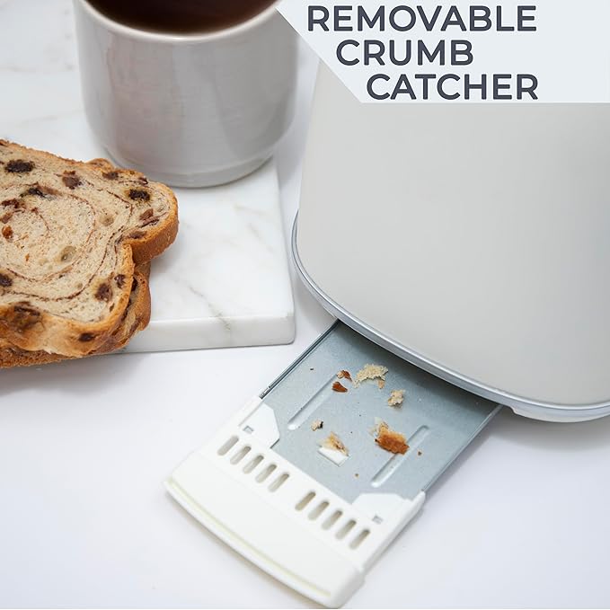 Rae Dunn Retro Rounded Bread Toaster 2 Slice Stainless Steel Toaster with Removable Crumb Tray Wide Slot with 6 Browning Levels Bagel Defrost and Cancel Options White