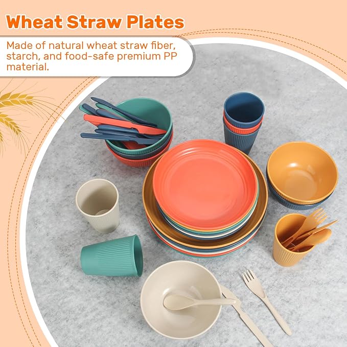 LAERJIN 56 Piece Wheat Straw Dinnerware SetsUnbreakable Reusable Dinnerware SetDishwasher &amp Microwave Safe Plates and Bowls Sets for Apartment Essentials Outdoor Camping Colourful
