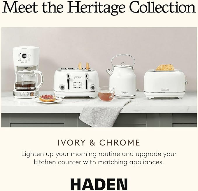 HADEN Coffee Machine 12 Cup Drip Coffee Maker Bundled with Heritage 1.7 Liter Stainless Steel Electric Kettle Ivory &amp Chrome