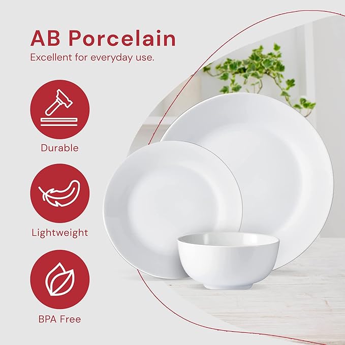 Safdie &amp Co. 12-Piece Modern Porcelain Ceramic Rim Aspen Dinner Set Stackable Lightweight Design for Everyday Use in White Sketch