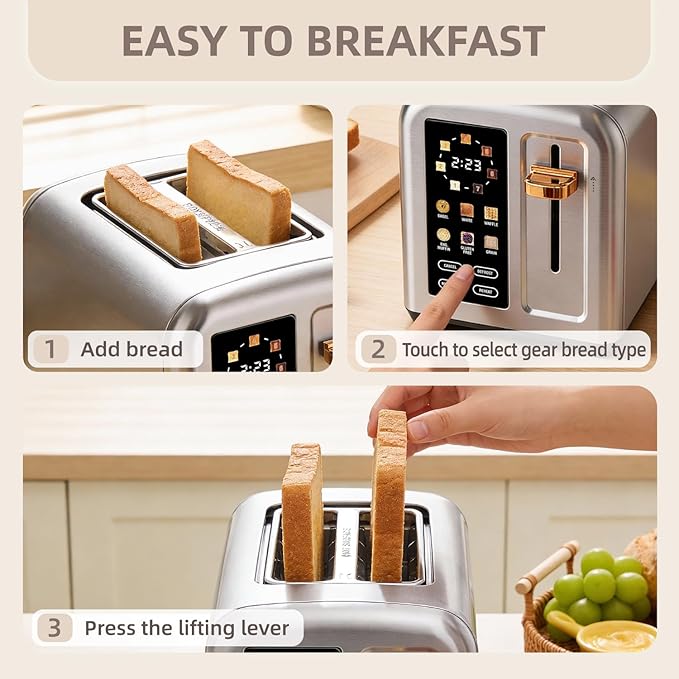 2-Slice Toaster with Touch Screen 7 Shade Settings Extra Wide Slots 6 Bread Function Stainless Steel with High Lift Lever Removable Crumb Tray 1350W (Silver)