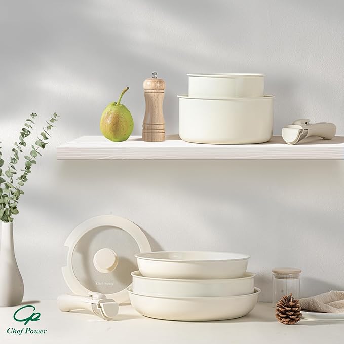 Chef Power Ceramic Cookware Set Non Toxic with Detachable Handles Healthy Nonstick Pans and Pots Set 19 Pcs Induction Dishwasher Oven Safe Kitchen Set PFAS PFOA &amp PTFE Free Cream White