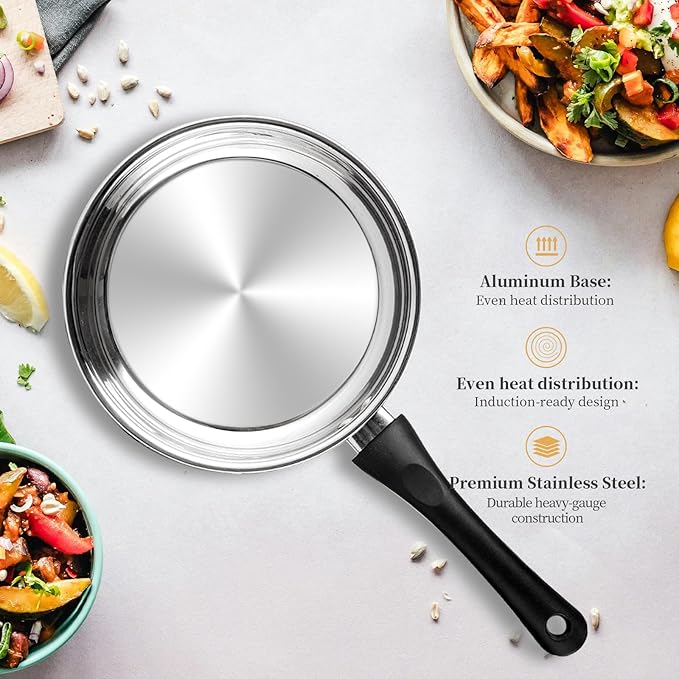 6-Piece Stainless Steel Cookware Set with Glass Lids Stay-Cool Handles | Fry Pan Saucepan Sauce Pots | Compatible with Induction Electric Gas Stovetops | PFOA-Free Dishwasher Safe