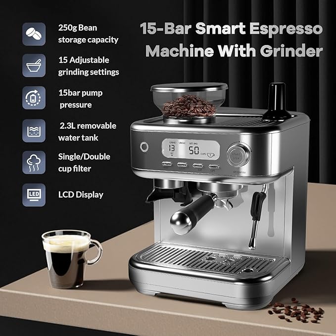 Espresso Machine With Grinder15 Bar Espresso Coffee Machine With LCD Smart Screen and PID Temperature Control for Cappuccino/Latte Stainless Steel
