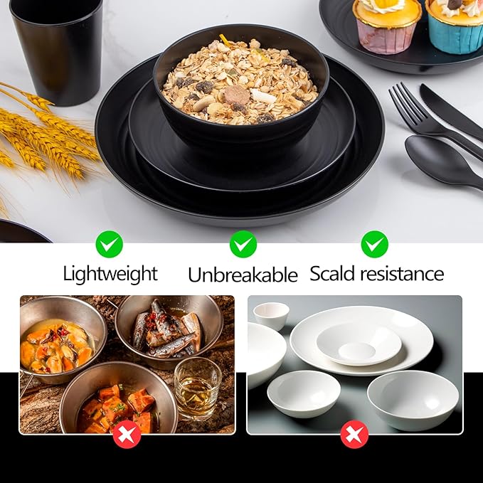 EI 42pcs Wheat Straw Dinnerware SetUnbreakable Reuasble PlatePlastic Plates and Bowls SetsLightweight Dinnerware for CampingPicnincParty-Black BowlsPlatesCupsCutlery