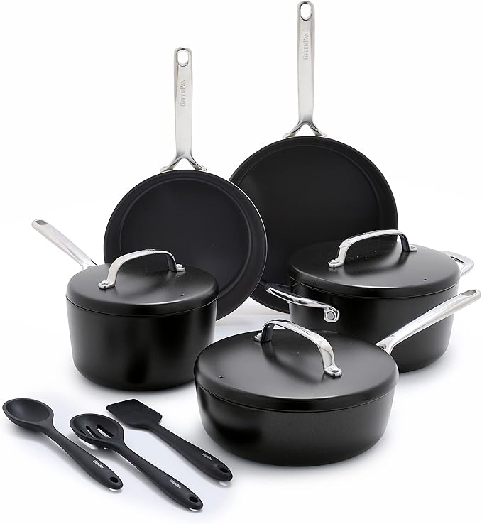 GreenPan GP5 Hard Anodized Healthy Ceramic Nonstick 14 Piece Cookware Pots &amp Pans SetHeavy Gauge Scratch Resistant Stay Flat SurfaceInduction Mirror Finish HandleOven Safe PFAS-Free Black