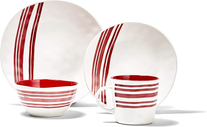 American Atelier Round Dinnerware Sets | Red &amp White Kitchen Plates Bowls and Mugs | 16 Piece Stoneware Bistro Collection 12 x 12 | Dishwasher &amp Microwave Safe | Service for 4
