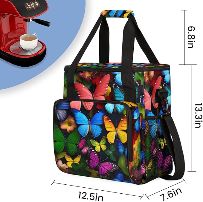 Colorful Butterfly Coffee Maker Carrying Bag Various Butterfly Travel Storage Bag Compatible with K-Mini or K-Mini Plus Single Serve Coffee Brewer Carrying Case with Pockets &amp Shoulder Strap