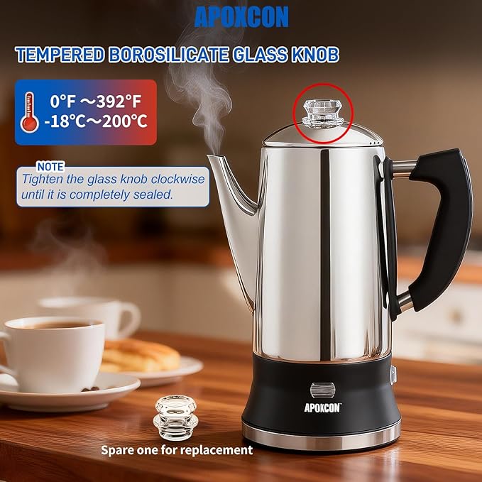 Electric Coffee Percolator Stainless Steel Coffee Maker with Clear Brew Progress Tough Glass Knob and On/OFF Switch Classic Coffee Pot with Keep Warm &amp Cordless Serve No Aluminum (12 Cup)