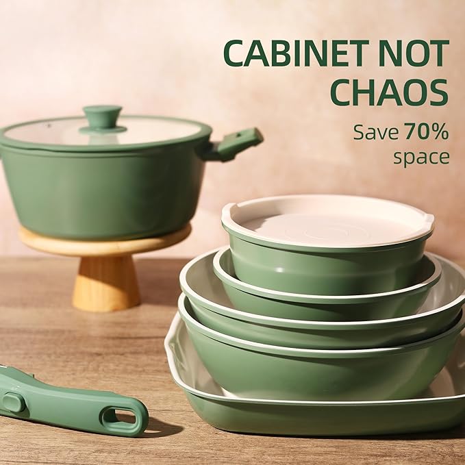 23pcs Ceramic Pots and Pans Set Nonstick Detachable Handle Cookware Induction Kitchen Cooking Set with Removable Handleinclude Frying Pans &amp Saucepans Oven Safe(Green)