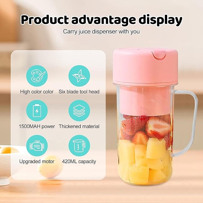 Portable Blender 420ML USB Rechargeable Juicer Cup with Handle Mini Fruit Mixer for Travel Office Outdoor (Pink)