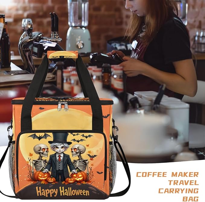 Halloween Skull Pumpkin Bat Moon Coffee Maker Carring Bag Travel Carrying Storage Tote Bag Compatible with Keurig K-Mini or K-Mini Plus Portable Single Serve Coffee Brewer Case with Pockets