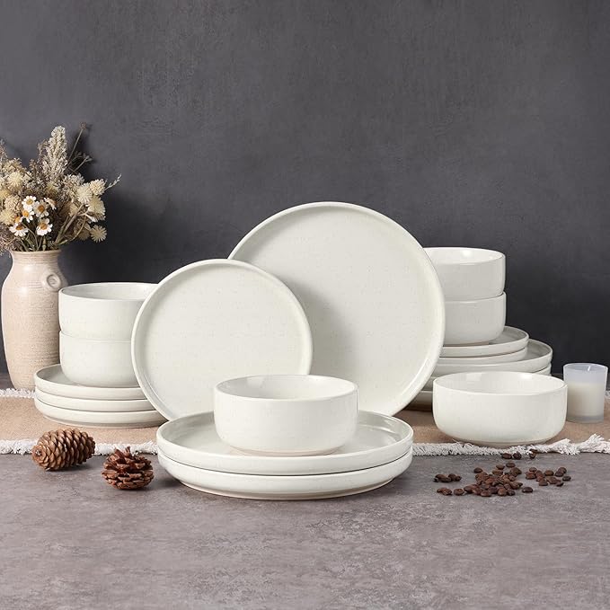 Vesteel 18-Piece Dinnerware set Ceramic Plates and Bowls set for 6 Speckled Stoneware Dishes Set for Family Microwave &amp Dishwasher Safe - Speckled White