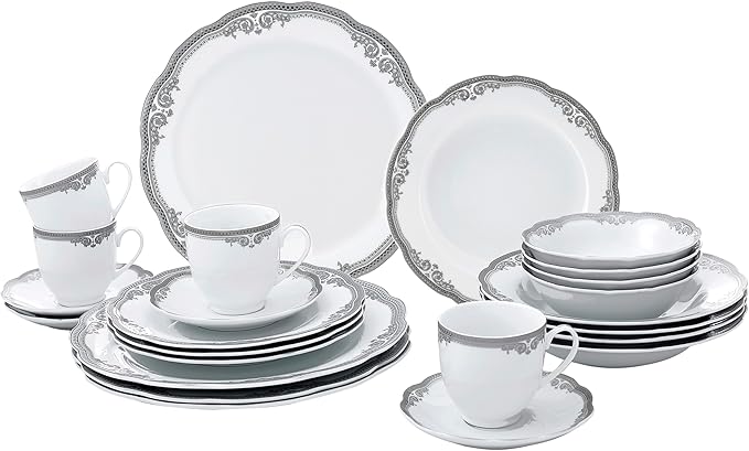 Lorren Home Trends Elizabeth-24 24 Piece Elizabeth Design Porcelain Wavy Edge Dinnerware Set White