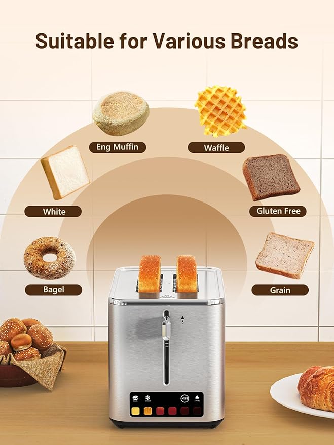 KEENSTAR Touch Screen 2-Slice Toaster with 6 Browning Levels Bagel Defrost &amp Timer Wide 1.5 Slots Removable Crumb Tray 900W Stainless Steel Smart Toaster for Bagels Breads &amp Waffles
