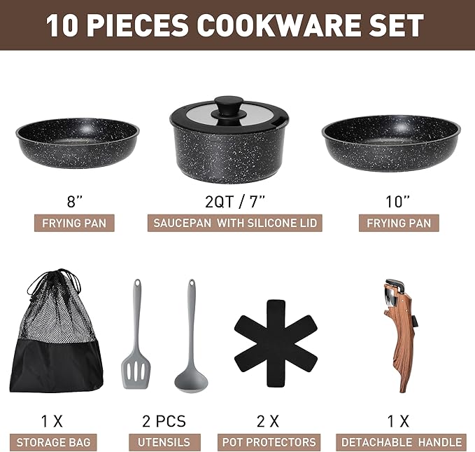 MAISON ARTS Detachable Handle Pots and Pans Set 10 Piece Nonstick Black Granite Cooking Pot Stackable Induction Cookware Sets Ideal for Camping and RVs