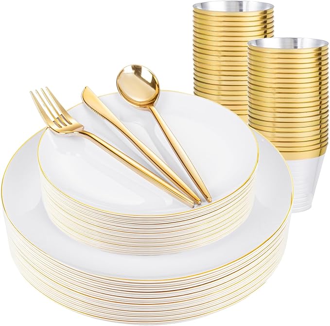 bUCLA 150PCS White and Gold Plastic Plates Disposable - 25 Guests Gold Dinnerware Set - Include 25 Each (Dinner &amp Dessert) Plates 25 Knives 25 Forks 25 Spoons &amp 25 Cups for Party
